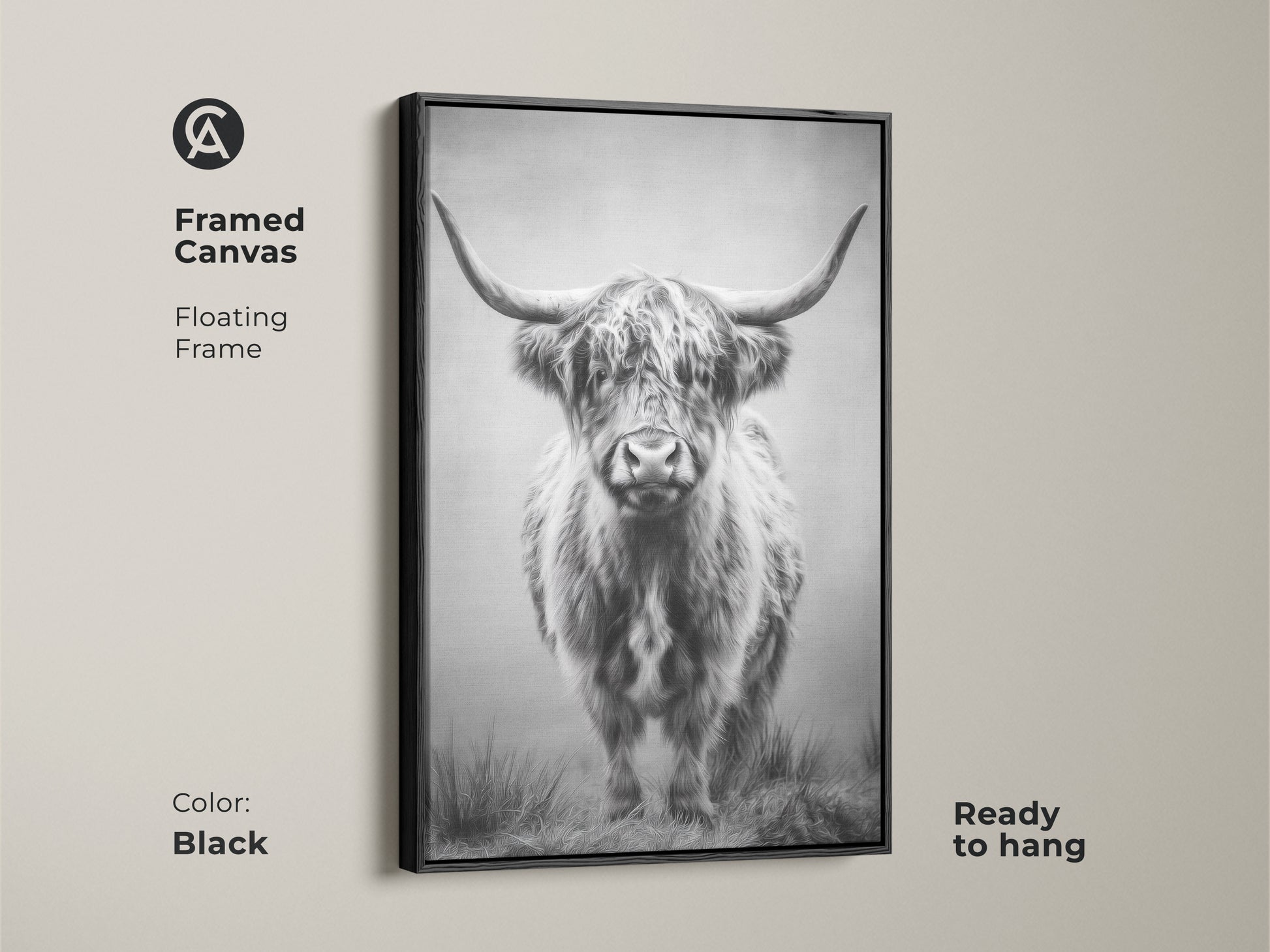 Black framed canvas features a majestic Highland cow. This monochrome bull print adds rustic charm to your decor. Ready to hang farmhouse animal wall decor enhances any room.