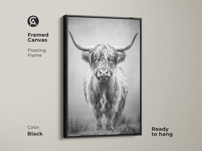 Black framed canvas features a majestic Highland cow. This monochrome bull print adds rustic charm to your decor. Ready to hang farmhouse animal wall decor enhances any room.
