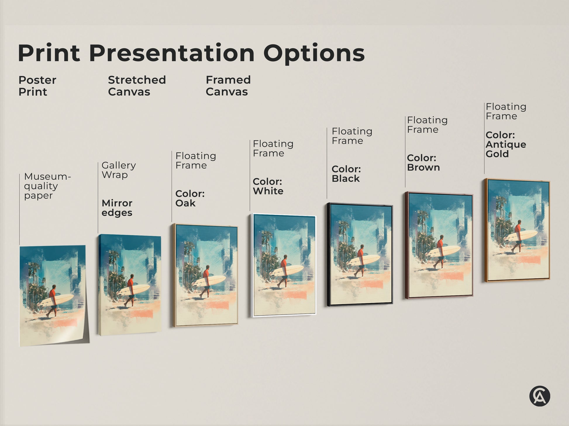 Explore our print presentation options for this captivating beach art. Choose from poster prints stretched canvas and framed canvas. Each option beautifully displays the surfer walking along the beach. Find the perfect piece to complement your home decor today.