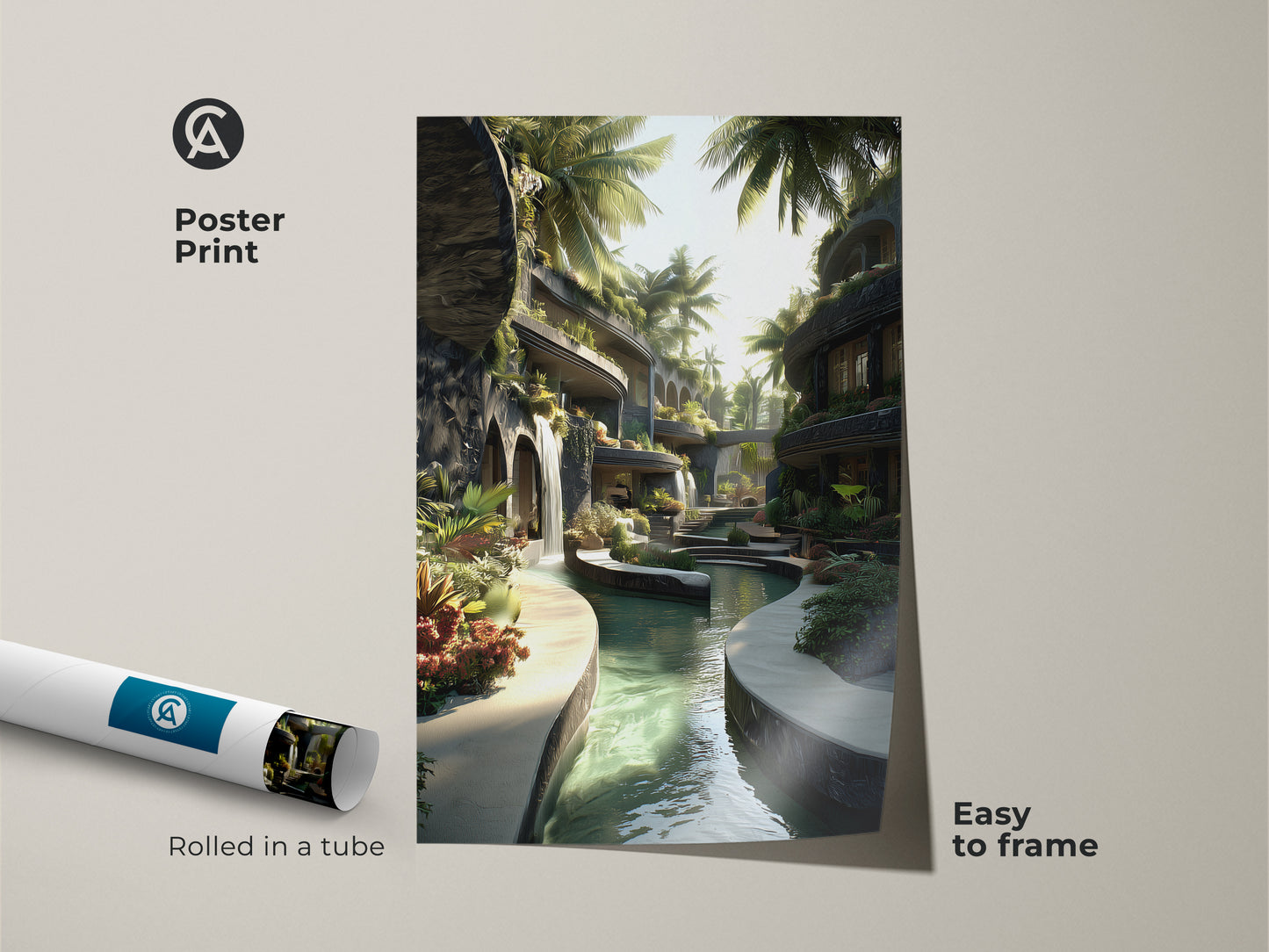Poster print of a tropical modern landscape. Waterfall and palm tree architecture blend in this biophilic artwork. Easy to frame this print adds a touch of nature. The green and blue colors create a calming resort vibe. Perfect travel lover gift. Rolled in a tube for protection.