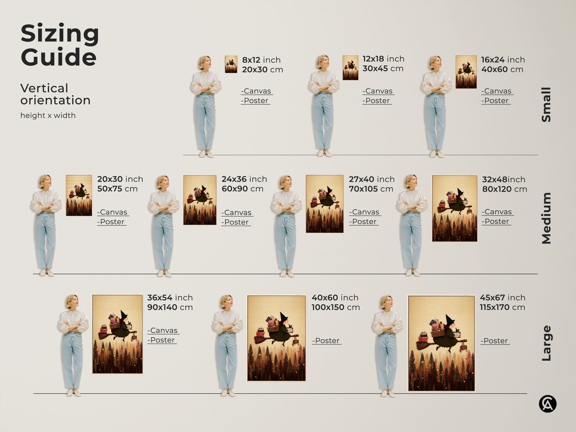 Explore the Sizing Guide for Witch Flying with Books Art. Available in various sizes as Canvas or Poster. Find the perfect fit for your space whether small medium or large wall art.