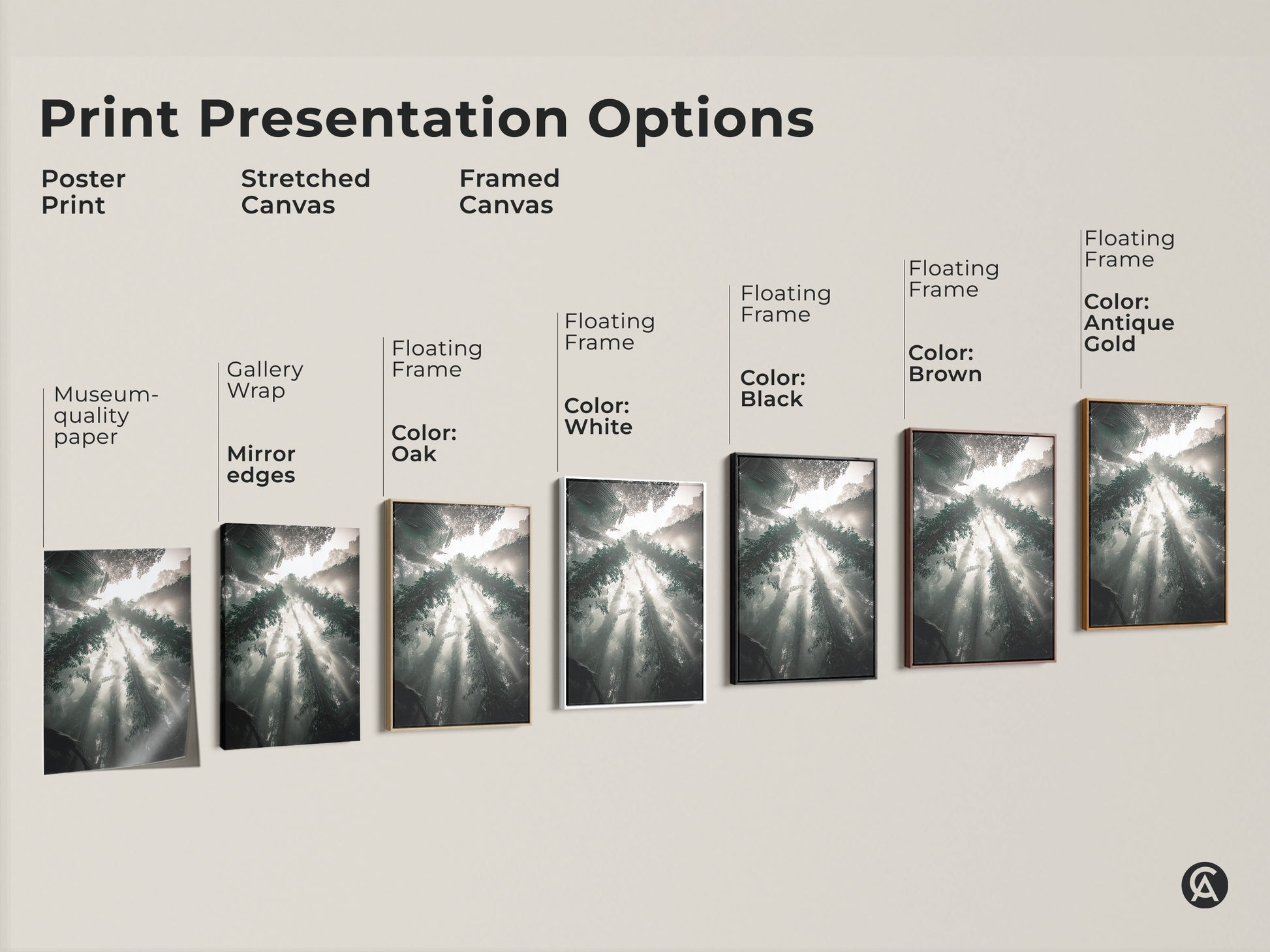 Explore print presentation options with this misty trees sunbeam canvas print. Choose from poster print stretched canvas or framed canvas. Enhance your space with this teal gray green biophilic nature landscape artwork. Find the perfect style for your home.