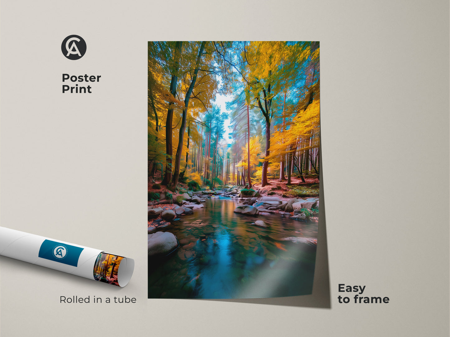 Elevate your decor with this museum-quality forest stream poster print. The artwork showcases a serene forest with a flowing stream. Rolled in a tube for protection this art is easy to frame. Add a touch of nature to your walls with this beautiful print.