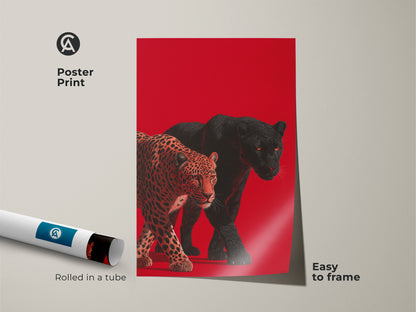 A poster print displays a striking image of a leopard and black panther. The artwork is rolled in a tube for easy framing. This museum-quality paper ensures a high-end finish. Enhance your space with this wildlife art.