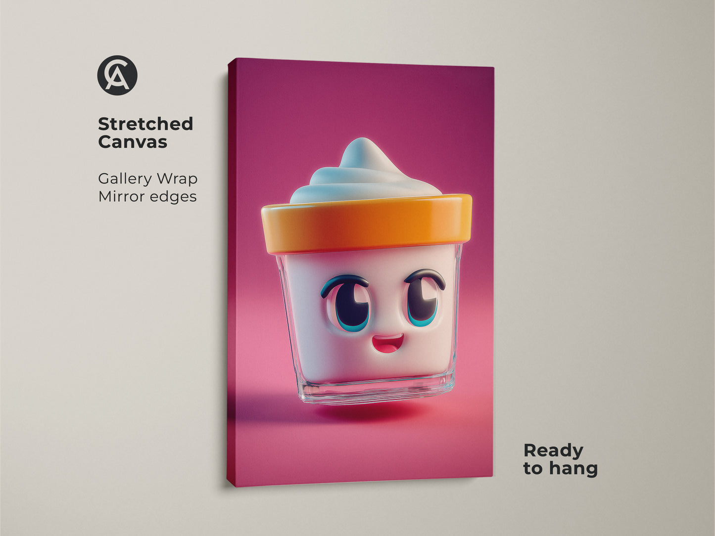 Stretched canvas art shows a kawaii ice cream cup. This cute dessert wall art has mirror edges and is ready to hang. Pink background complements this modern food artwork. Cheerful home decor for dessert lovers.
