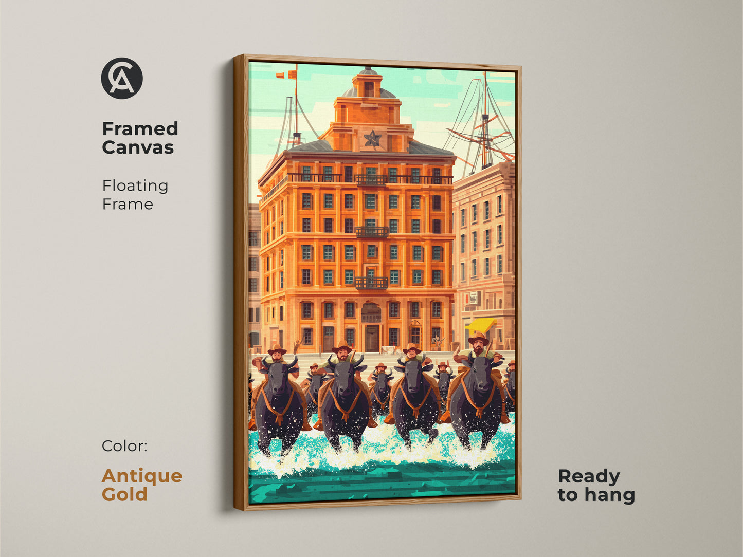 Framed canvas bull rider artwork with an antique gold floating frame. This retro futurism art of an urban orange building offers unique style. It's Ready to hang in any collector's space.