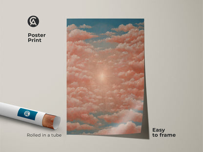 Pink blue sky art print. Calming bedroom canvas. Surrealism wall decor. This piece is boho home decor art. It features a sunrise sunburst artwork. This would be a spiritual friend gift idea.