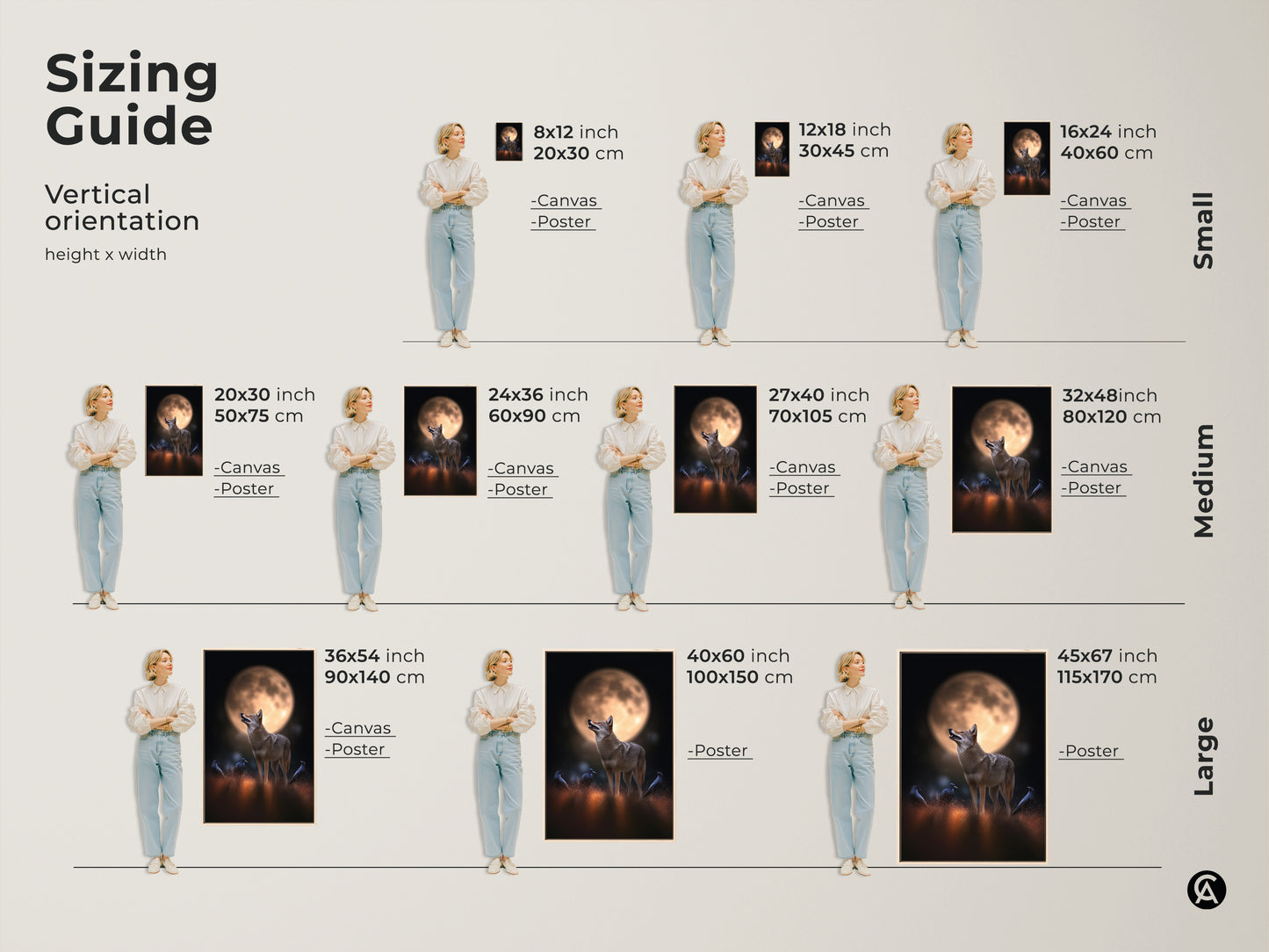Sizing guide for coyote and crows canvas and poster art. Vertical orientation height and width options. Small medium and large sizes available. Find the perfect fit for your space from 8x12 to 45x67 inches. Rustic animal artwork for any room.