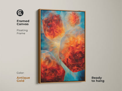 Abstract geometric wall art displayed in an antique gold floating frame. This teal blue and orange canvas print adds color to any space. The office wall decor canvas is ready to hang. An art lover present is a unique modern art. The artwork features colorful geometric decor and abstract crystal art.
