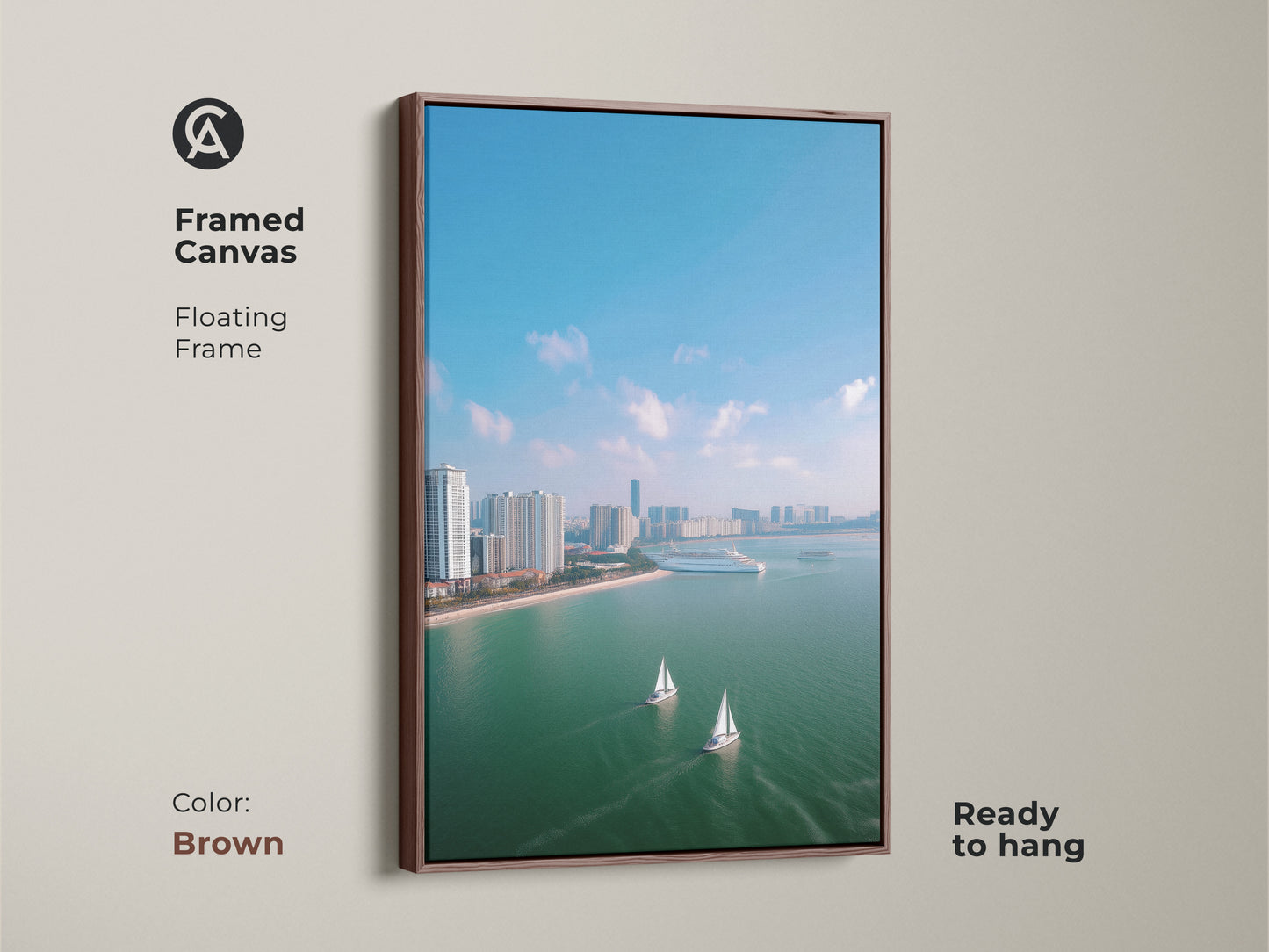 Framed canvas showcasing an aerial cityscape with sailboats. This ocean view artwork is set in a brown floating frame. The modern travel art is ready to hang featuring a city skyline in teal blue tones. This coastal decor canvas brings a contemporary style to any space. The artwork enhances nautical home decor.