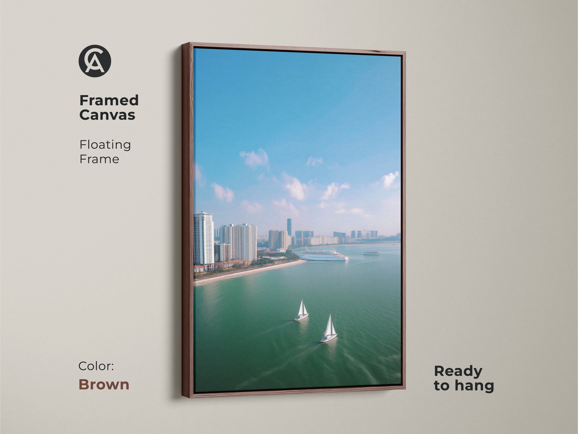 Framed canvas showcasing an aerial cityscape with sailboats. This ocean view artwork is set in a brown floating frame. The modern travel art is ready to hang featuring a city skyline in teal blue tones. This coastal decor canvas brings a contemporary style to any space. The artwork enhances nautical home decor.