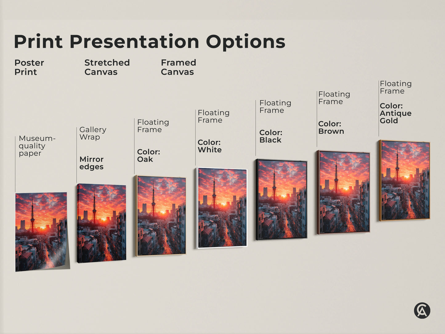 Explore our print presentation options from poster to framed canvas. Museum-quality paper to floating frames in black brown antique gold and white. Discover the perfect style to showcase the Tokyo Tower crimson sunset artwork in your space.