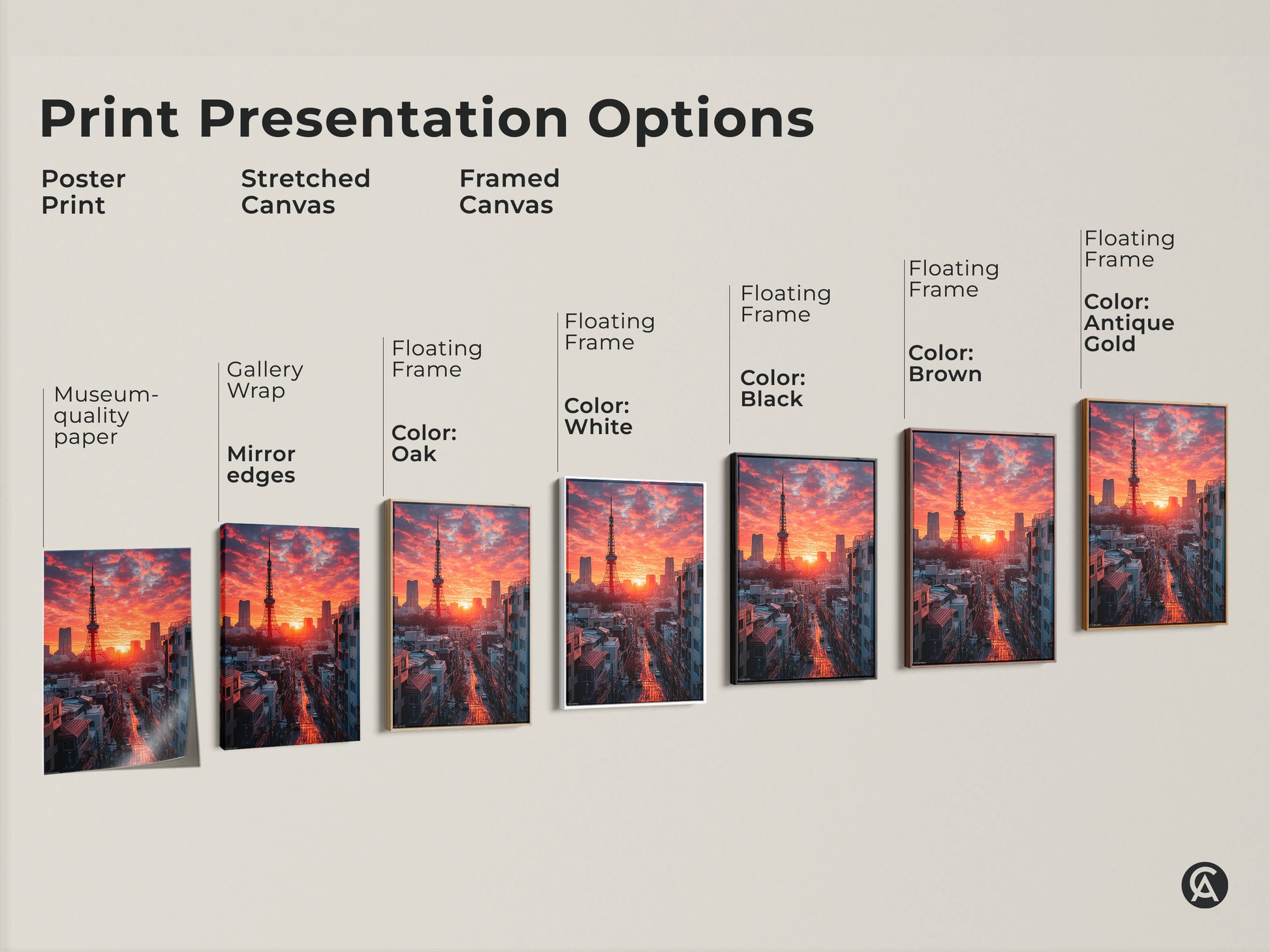 Explore our print presentation options from poster to framed canvas. Museum-quality paper to floating frames in black brown antique gold and white. Discover the perfect style to showcase the Tokyo Tower crimson sunset artwork in your space.