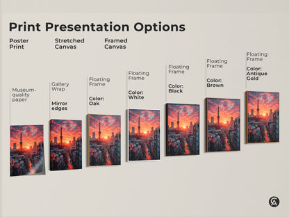 Explore our print presentation options from poster to framed canvas. Museum-quality paper to floating frames in black brown antique gold and white. Discover the perfect style to showcase the Tokyo Tower crimson sunset artwork in your space.