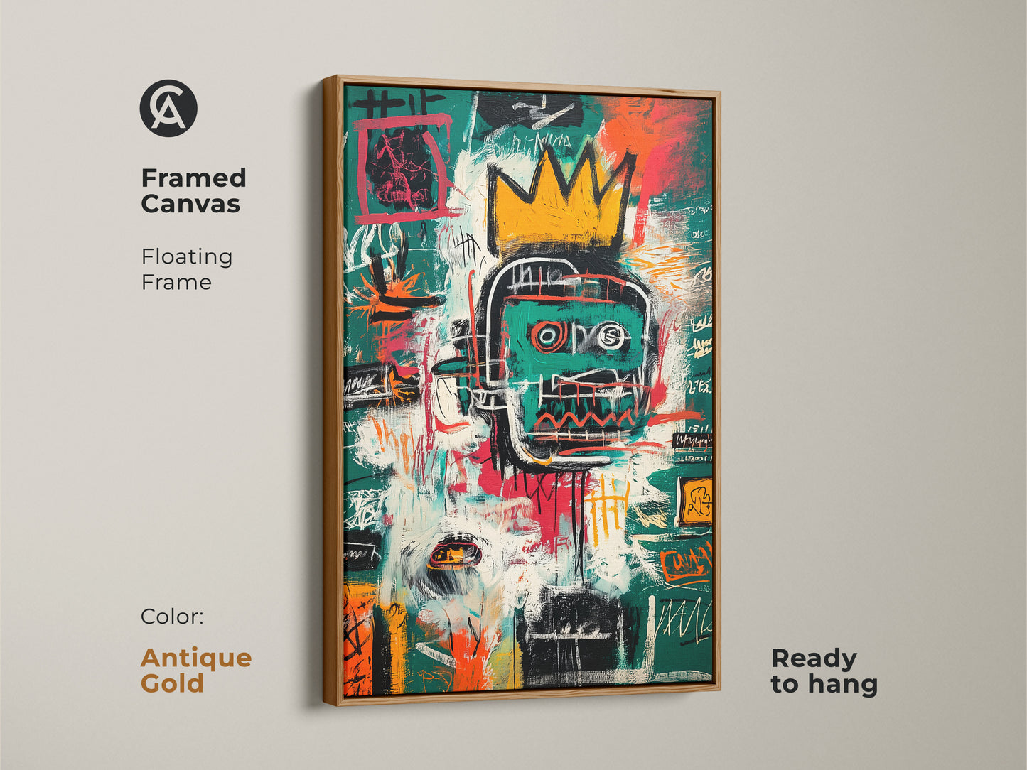 Antique gold framed canvas art. It features a vibrant Basquiat-style abstract portrait. The floating frame enhances the artwork. This piece is ready to hang. It adds a touch of elegance to your decor