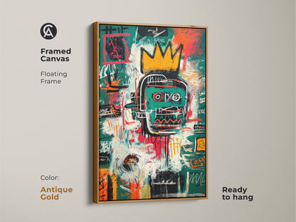 Antique gold framed canvas art. It features a vibrant Basquiat-style abstract portrait. The floating frame enhances the artwork. This piece is ready to hang. It adds a touch of elegance to your decor