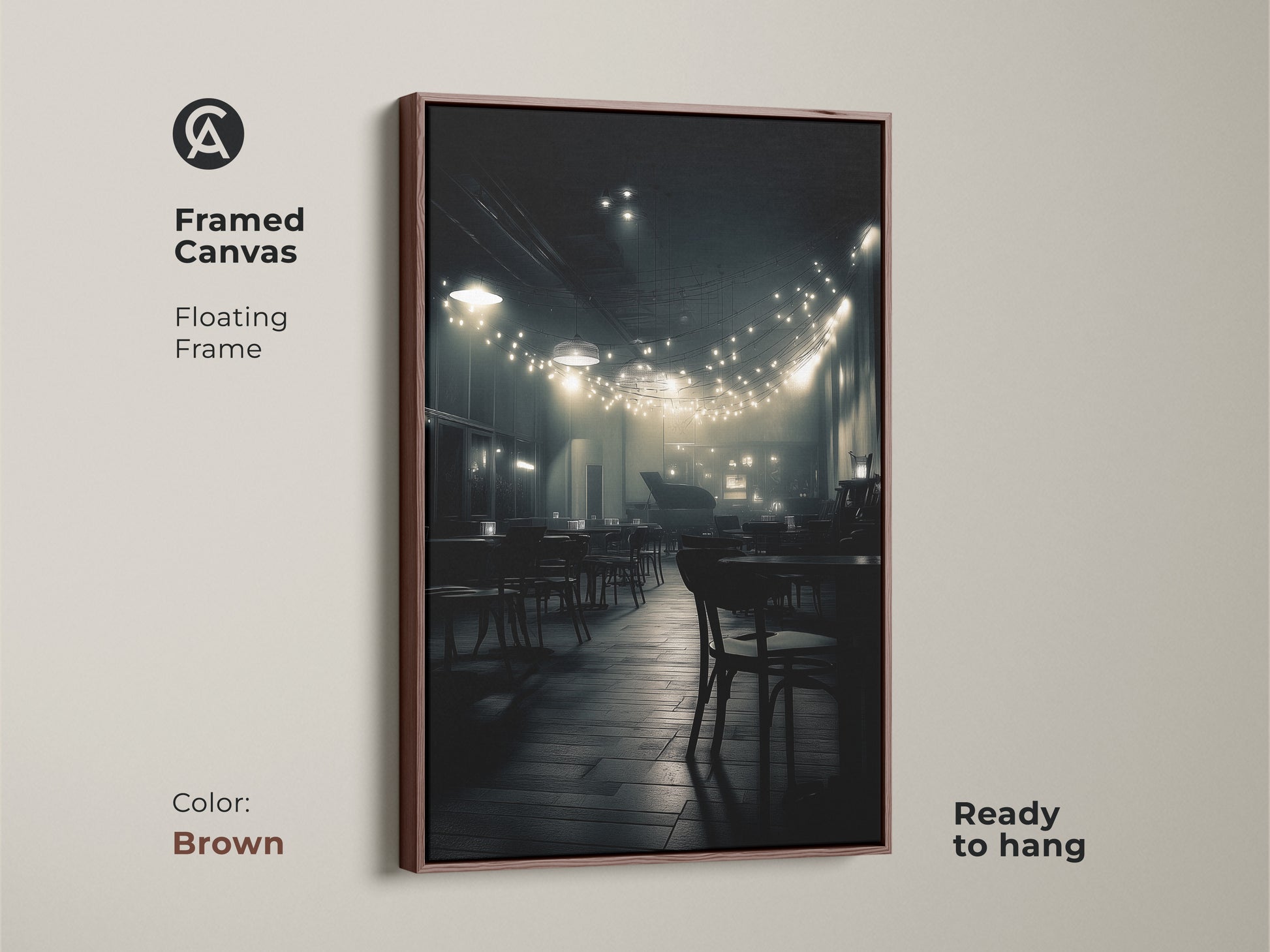 This framed canvas showcases a black and white cafe interior. The warm brown floating frame complements the artwork. String lights add a touch of magic to the scene. Ready to hang and easy to install.