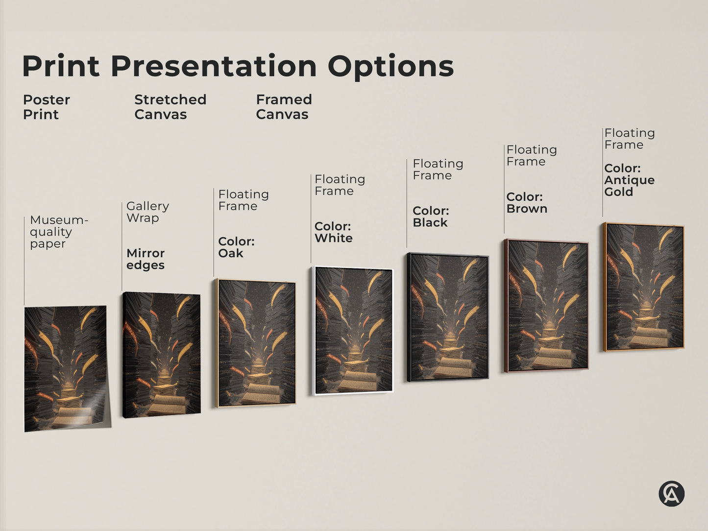 Print presentation options featuring the surreal library staircase artwork. Options include poster print stretched canvas and framed canvas. Floating frame colors are oak white black brown and antique gold.