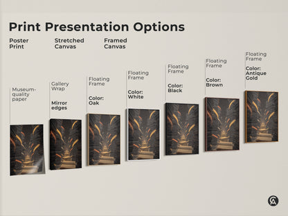 Print presentation options featuring the surreal library staircase artwork. Options include poster print stretched canvas and framed canvas. Floating frame colors are oak white black brown and antique gold.