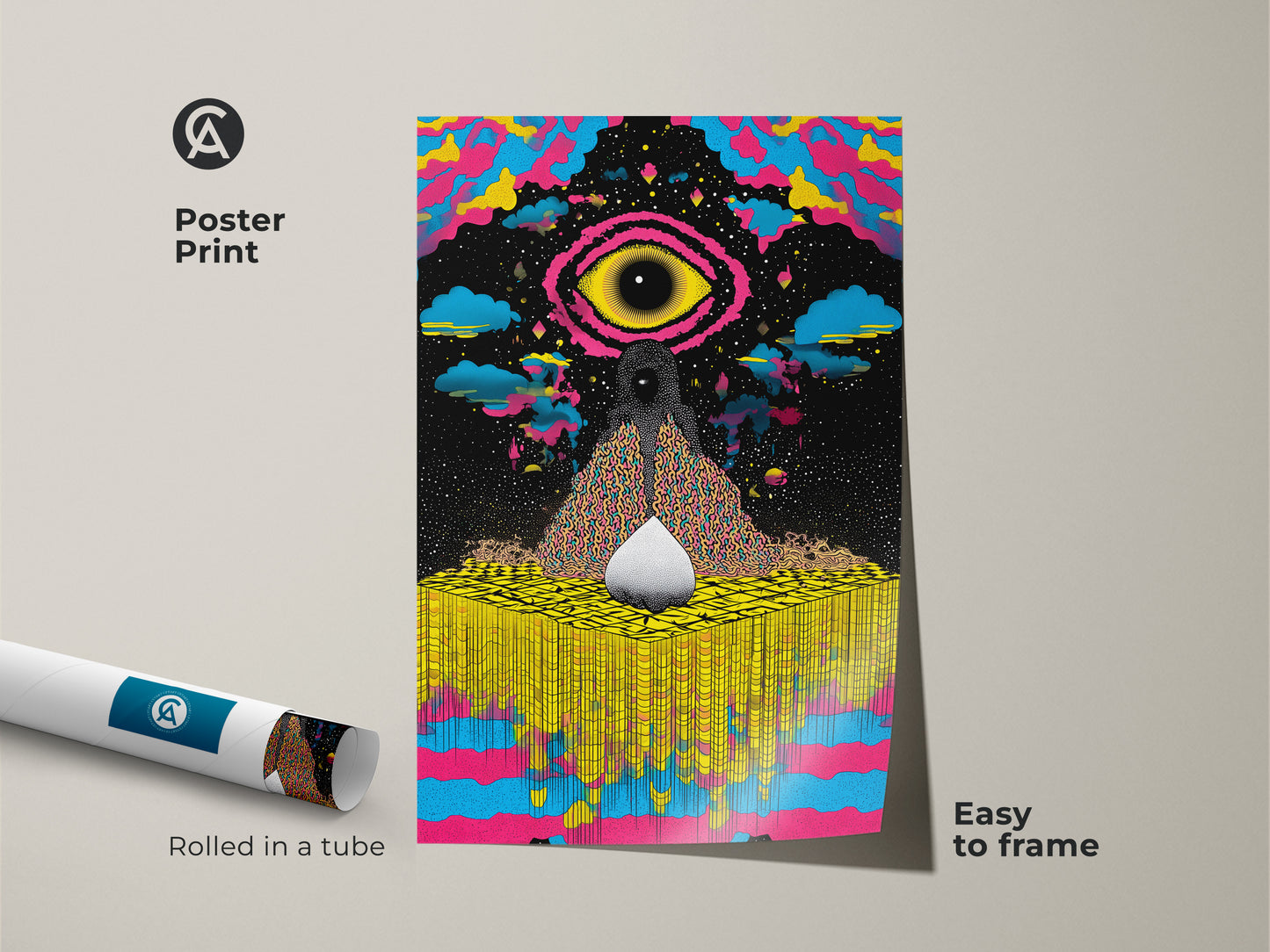 Poster print version of the abstract cosmic eye artwork rolled in a tube. This psychedelic wall art features yellow blue pink colors. An eclectic and easy-to-frame option for art lovers homes.