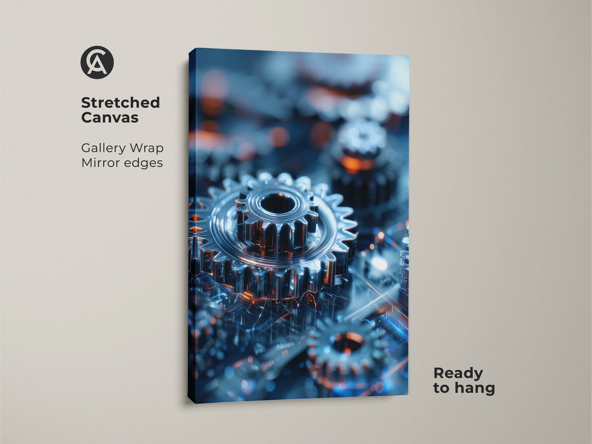 Stretched canvas print of abstract gears. This industrial technology artwork features blue and orange machinery. A cyberpunk style print perfect for an office. The gallery wrap with mirror edges enhances the metallic circuitry. Ready to hang this mechanical abstract art adds a modern industrial touch to any space. Great tech theme home decor.