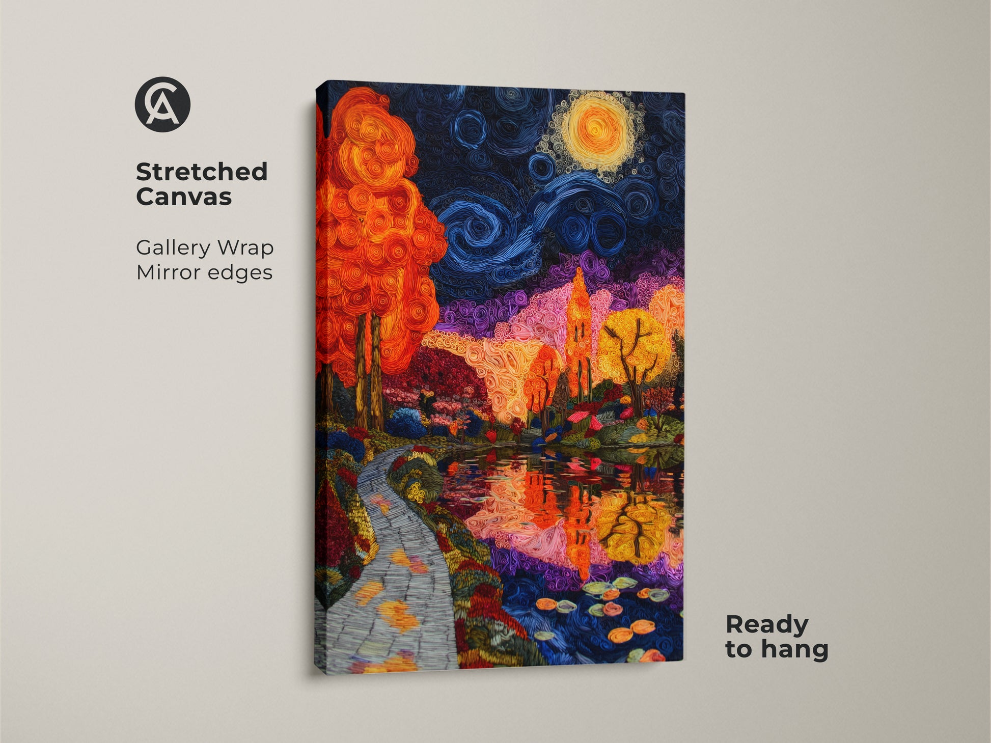 Stretched Canvas gallery wrap print of an Impressionist Landscape. The artwork features orange and blue trees reflected in water. This nature wall hanging adds artistic flair to eclectic bedroom decor. A unique gift for art lovers seeking colorful home accents.