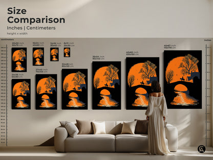 Size comparison of minimalist horse rider art prints in inches and centimeters. Visualize the impact of different sizes on your wall. Find the perfect scale for your modern farmhouse decor. This orange sunset landscape canvas print is a captivating choice.