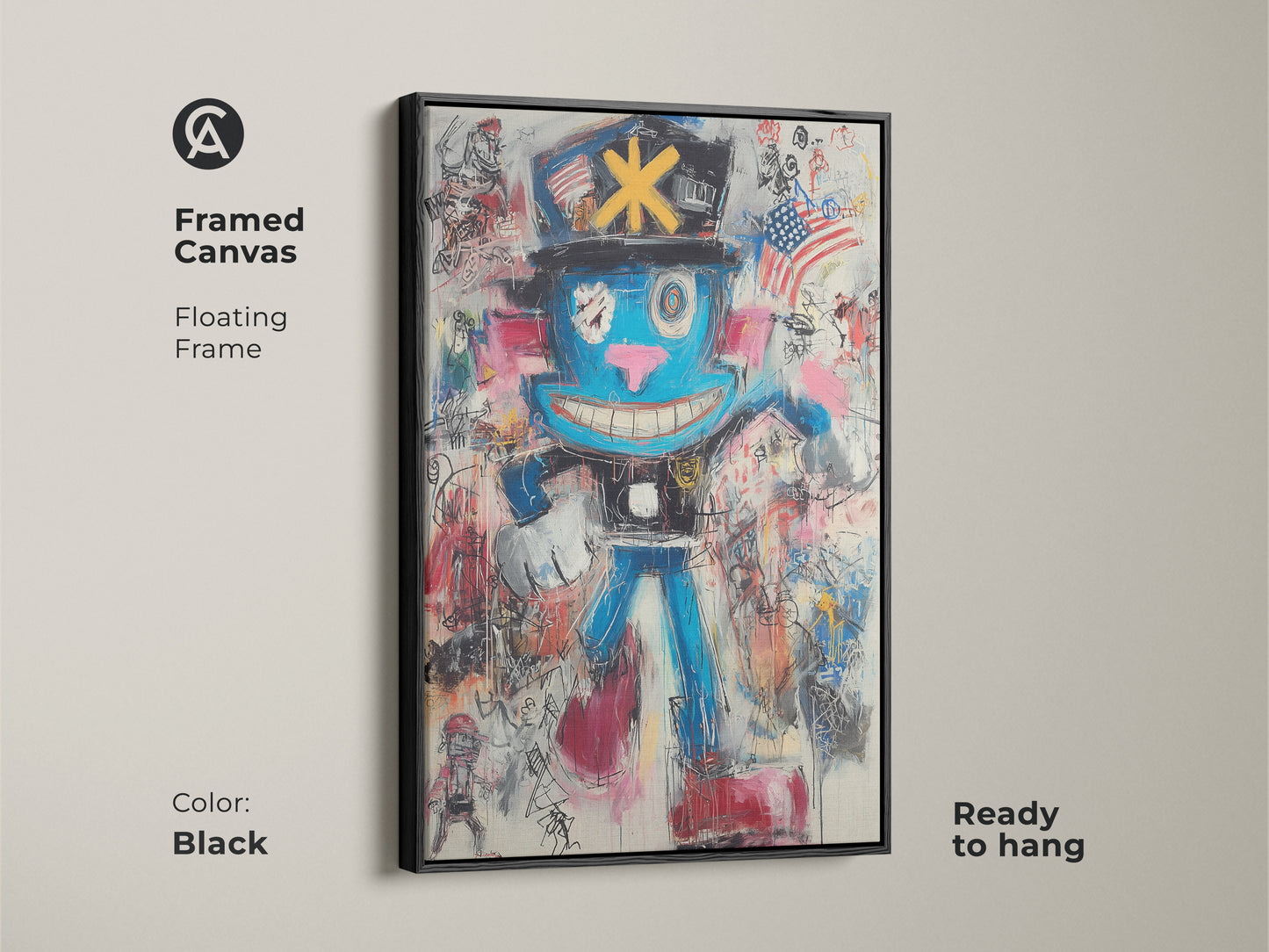 Framed Canvas in Brown showcasing graffiti character art. The expressionist wall art features a blue abstract cartoon. This street art wall decor is ready to hang. It is a unique and graphic character art for any room.