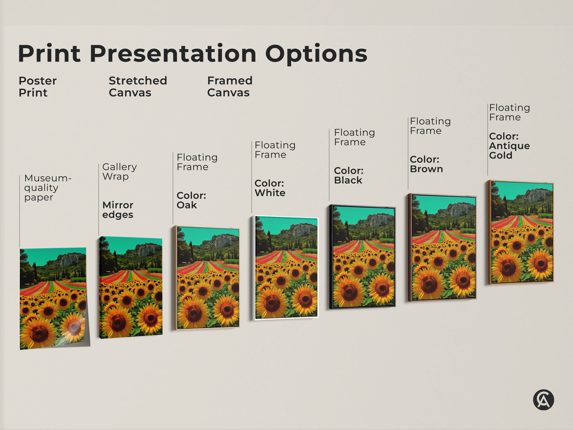Print presentation options for a sunflower field art piece. Options include poster prints stretched canvas and framed canvas. Floating frame options include colors such as black brown white and oak.