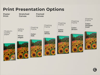 Print presentation options for a sunflower field art piece. Options include poster prints stretched canvas and framed canvas. Floating frame options include colors such as black brown white and oak.