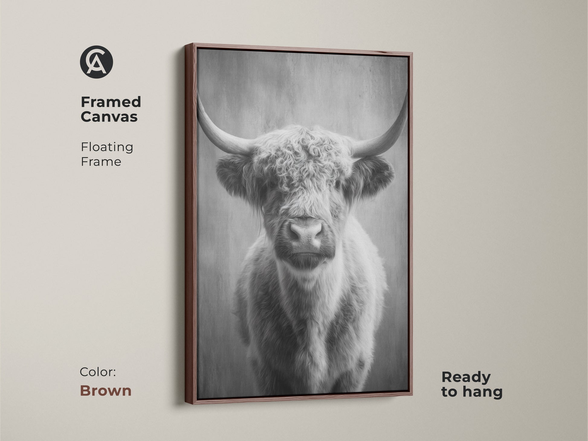 Brown framed canvas showcasing a monochrome highland cow. The floating frame adds elegance to the farm animal wall decor. This Scottish cattle canvas art is ready to hang and enhances living room canvas art. A rustic animal artwork.