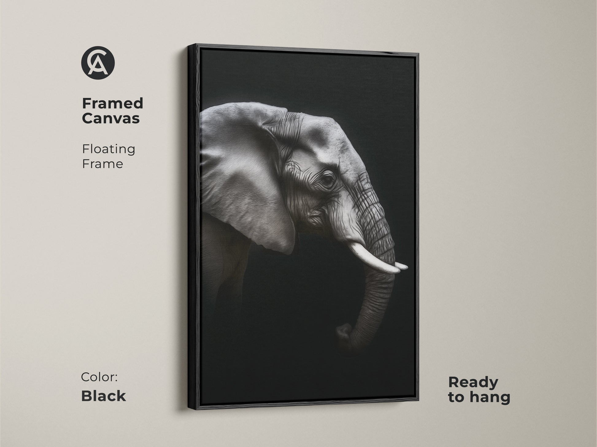 Framed monochrome elephant canvas in a black floating frame. Ready to hang black and white wildlife artwork adds a contemporary touch. Ideal animal portrait canvas for modern office wall art. This elegant animal print is a perfect gift for wildlife enthusiasts.