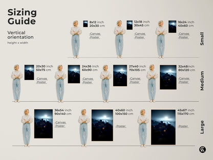 Sizing Guide for Rainy Night Pagoda Art Print. This vertical orientation artwork is available in small medium and large sizes. Select canvas or poster to fit your space. Perfect for a study room office workplace or as a housewarming gift for art collectors.