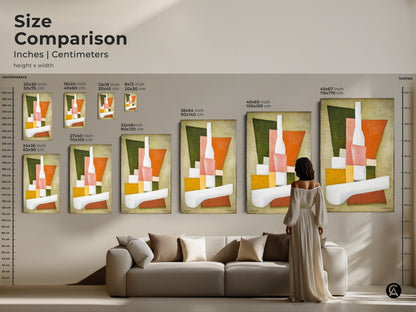 Size comparison of abstract geometric art prints in inches and centimeters. Ranging from small to large sizes. Visualize the artwork above a sofa. Perfect for housewarming gifts or adding modern abstract painting to your living space. Elevate your home decor.