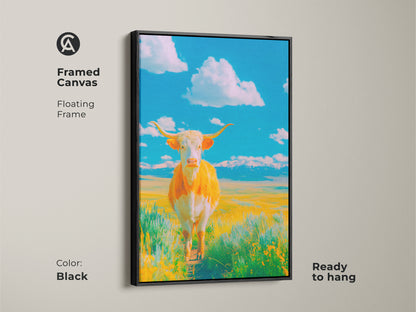 Framed canvas with a black floating frame. The artwork features a Longhorn cow in a grassy field. The sky is a bright blue with scattered clouds. This framed art arrives ready to hang offering a modern touch.