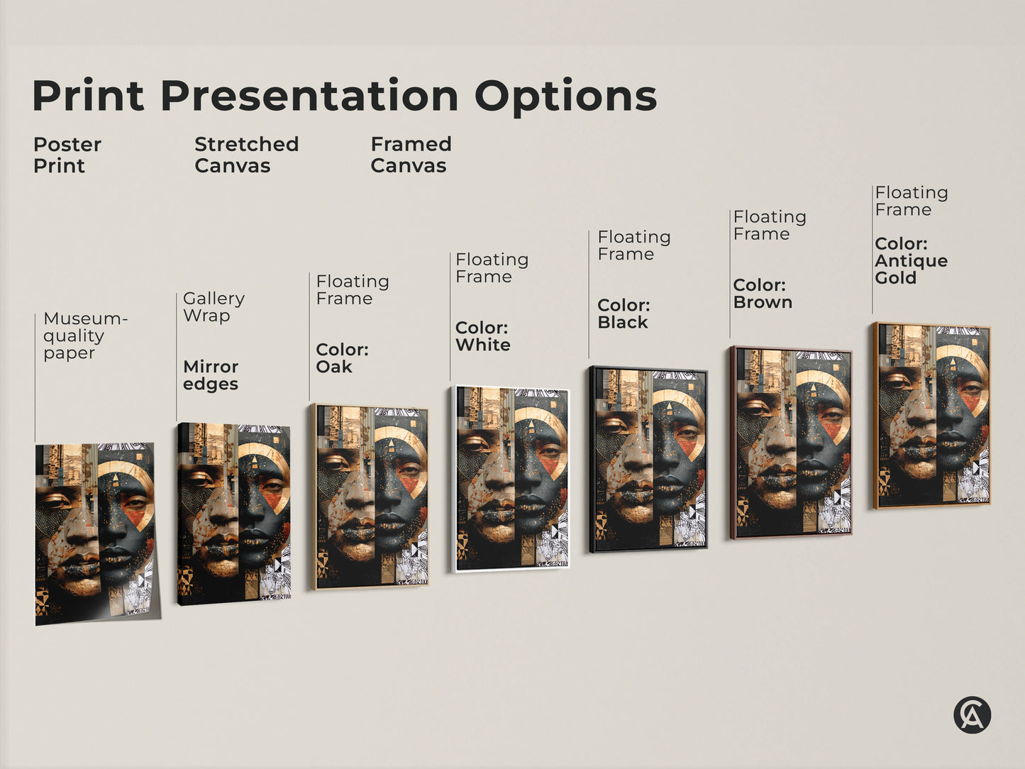 Print presentation options featuring various styles of the abstract face artwork. Includes poster print stretched canvas and framed canvas options. Gold black portrait art in contemporary geometric style. Eclectic home decor choices for art collectors.