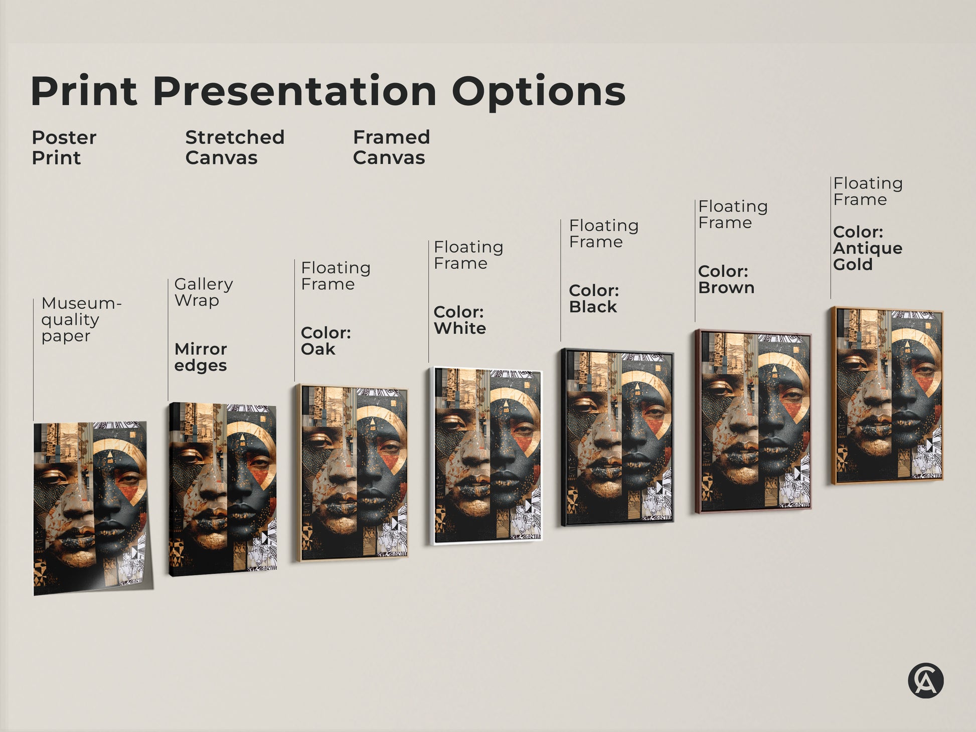 Print presentation options featuring various styles of the abstract face artwork. Includes poster print stretched canvas and framed canvas options. Gold black portrait art in contemporary geometric style. Eclectic home decor choices for art collectors.