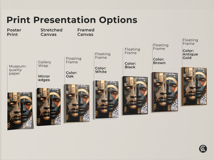 Print presentation options featuring various styles of the abstract face artwork. Includes poster print stretched canvas and framed canvas options. Gold black portrait art in contemporary geometric style. Eclectic home decor choices for art collectors.