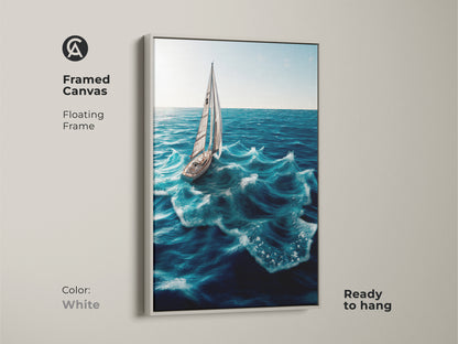 A framed canvas features a sailboat on ocean waves. This white floating frame gives a clean coastal look. Ready to hang nautical artwork. The perfect choice for boat lovers and coastal home decor. Bring seaside charm into any room.