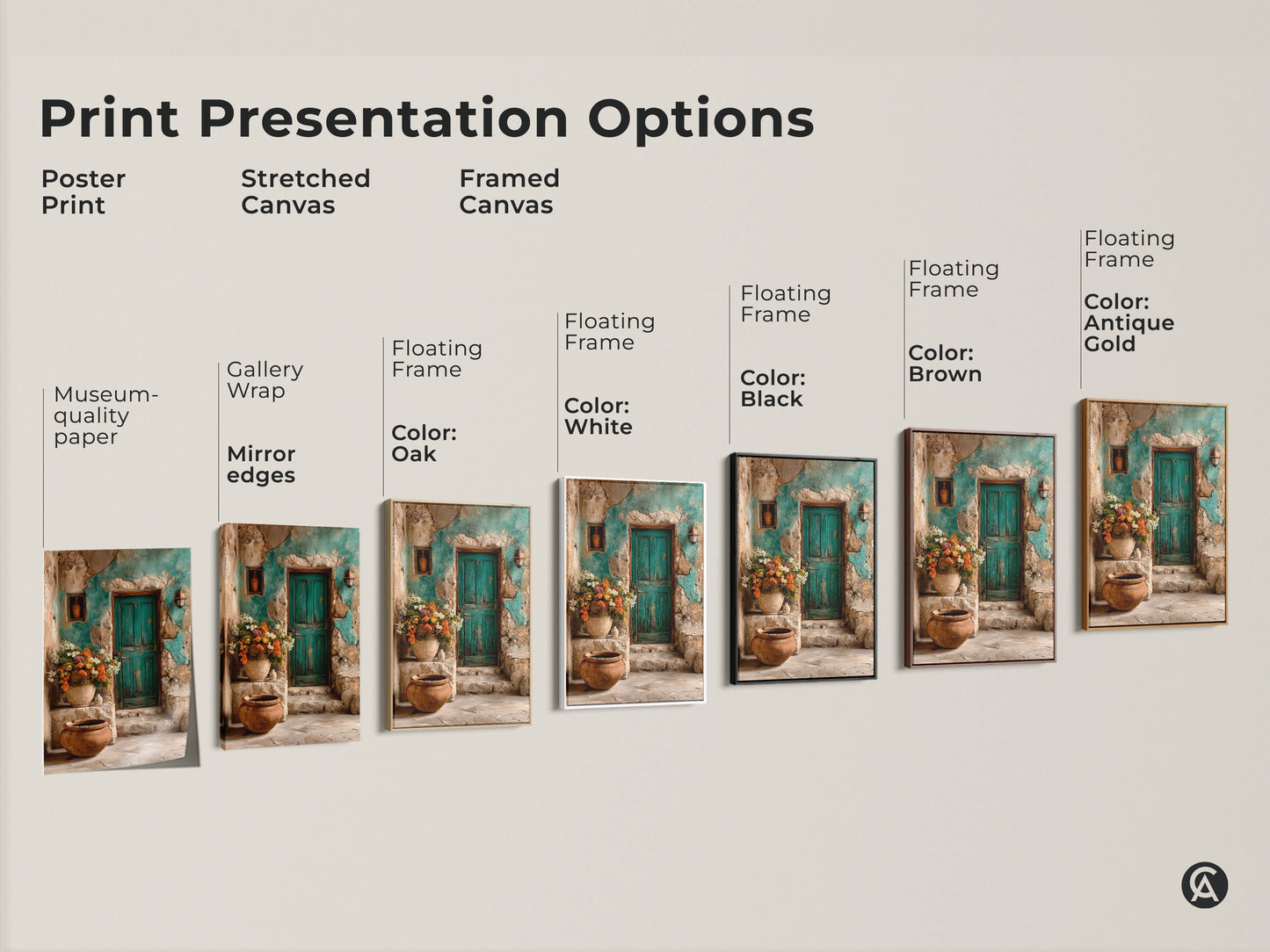 Explore print presentation options for Mediterranean floral artwork. Choose from poster prints stretched canvas or framed canvas. Each piece showcases a rustic teal door and botanical elements. Find the perfect style to complement your boho or travel-inspired decor.