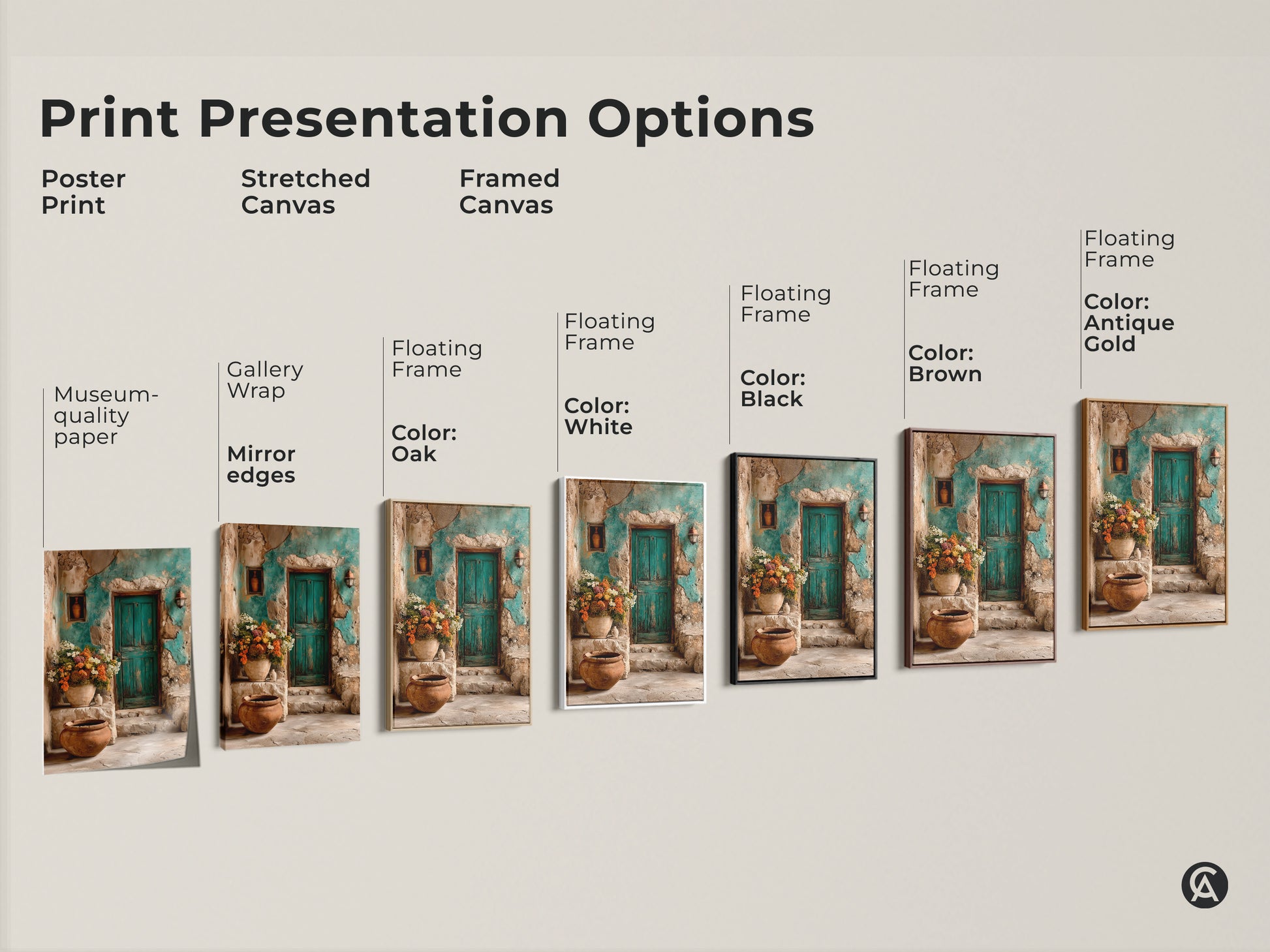 Explore print presentation options for Mediterranean floral artwork. Choose from poster prints stretched canvas or framed canvas. Each piece showcases a rustic teal door and botanical elements. Find the perfect style to complement your boho or travel-inspired decor.