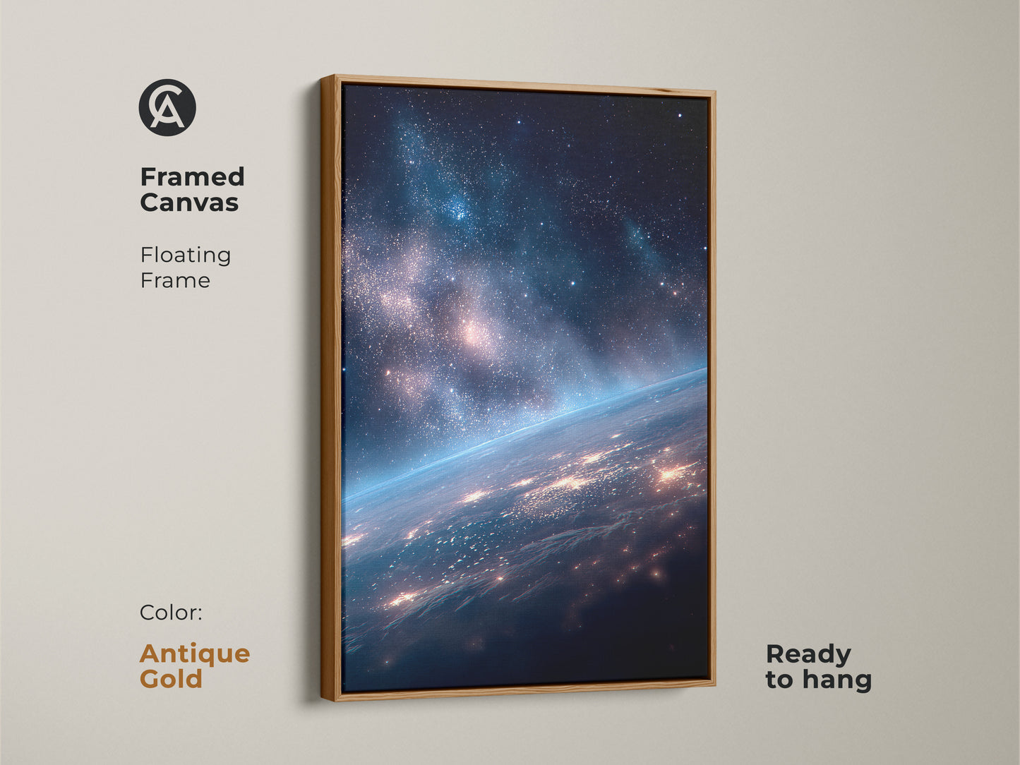 Framed canvas featuring Earth from space. This floating frame canvas is ready to hang. The antique gold frame highlights the space artwork. This framed art is an elegant choice for your space.