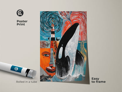 Poster Print of abstract mosaic Orca whale art. A lighthouse canvas art with an ocean marine life theme perfect for eclectic home decor. The rolled print arrives in a tube & is easy to frame. This teal orange & black artwork makes unique office wall art.