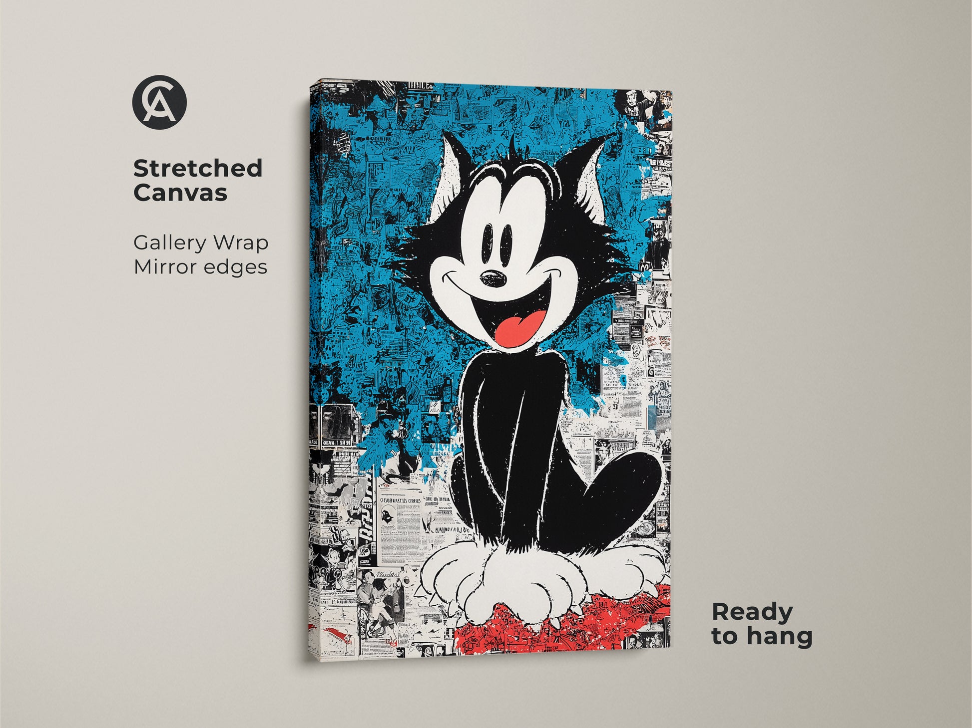 Stretched canvas art print featuring Felix the Cat. The gallery wrapped canvas has mirror edges. It arrives ready to hang. Perfect for adding a playful touch to your home decor with cartoon art.