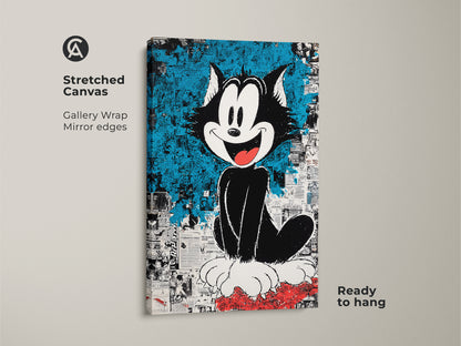 Stretched canvas art print featuring Felix the Cat. The gallery wrapped canvas has mirror edges. It arrives ready to hang. Perfect for adding a playful touch to your home decor with cartoon art.