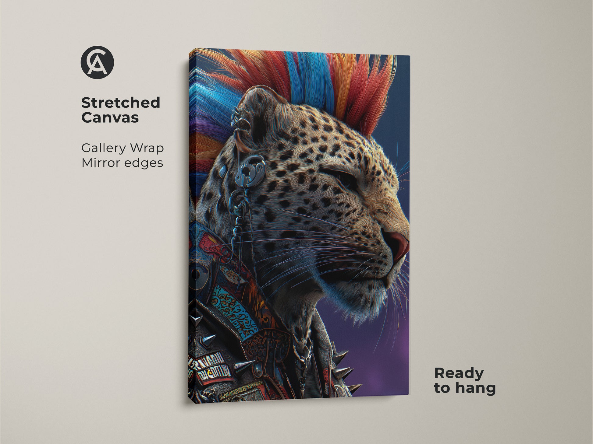 Stretched Canvas Punk Leopard Art for an eclectic room. This cyberpunk leopard print features a mohawk animal. The art is ready to hang offering a rebellious style. It is a perfect fit for a man cave wall art or bedroom wall decor. Add rocker style with this unique animal print.