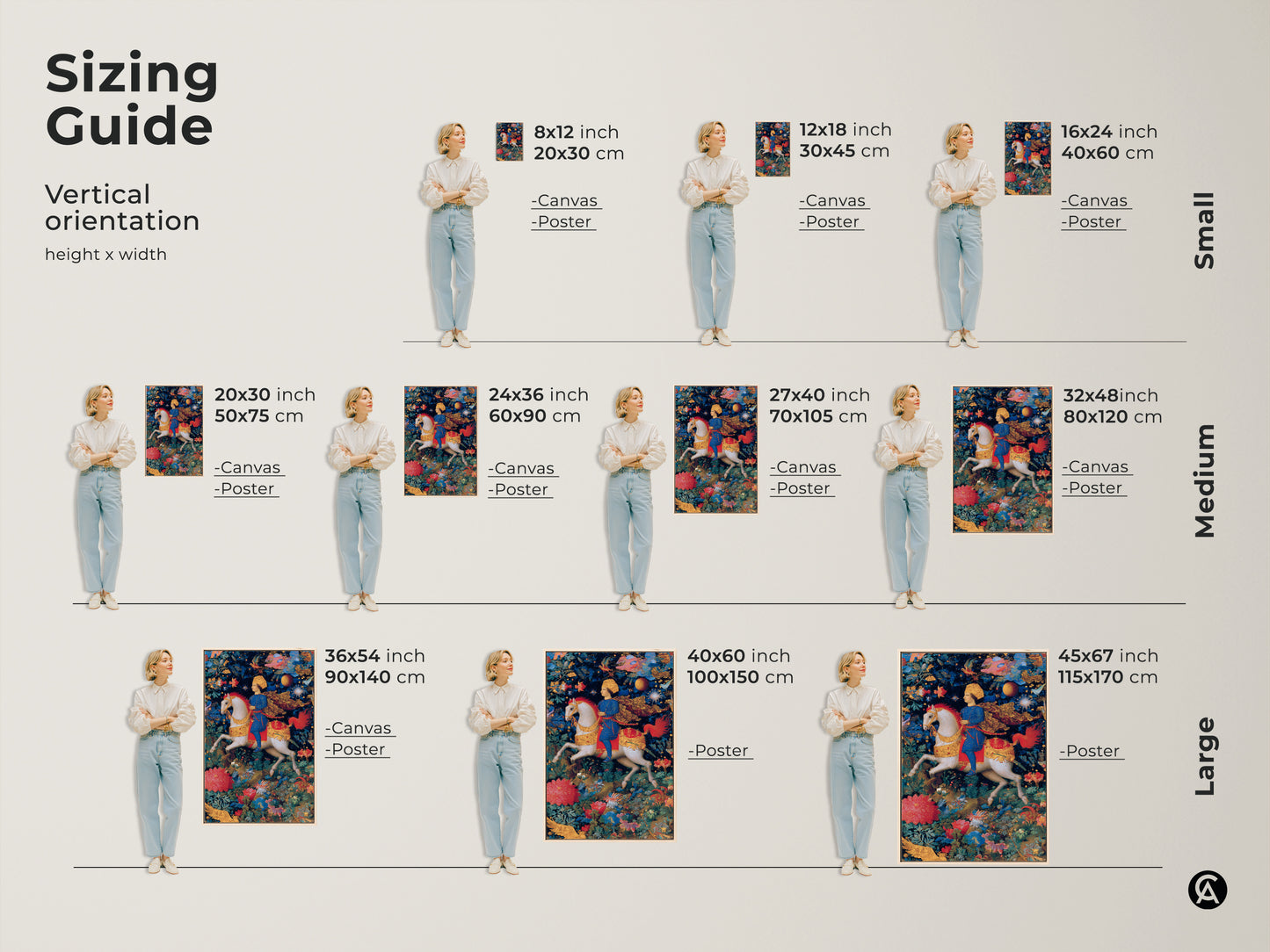 Sizing guide for vertical renaissance knight art. Available in small medium and large sizes. Choose from canvas or poster prints. Find the perfect fit for your space. See how this mythology artwork complements any room decor.