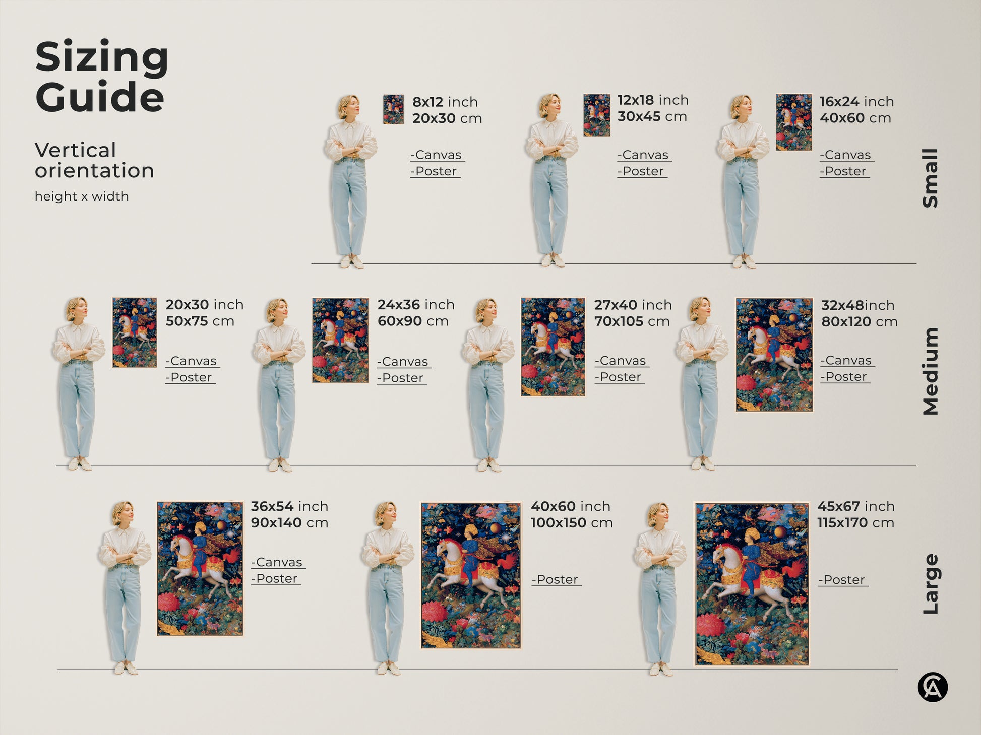 Sizing guide for vertical renaissance knight art. Available in small medium and large sizes. Choose from canvas or poster prints. Find the perfect fit for your space. See how this mythology artwork complements any room decor.