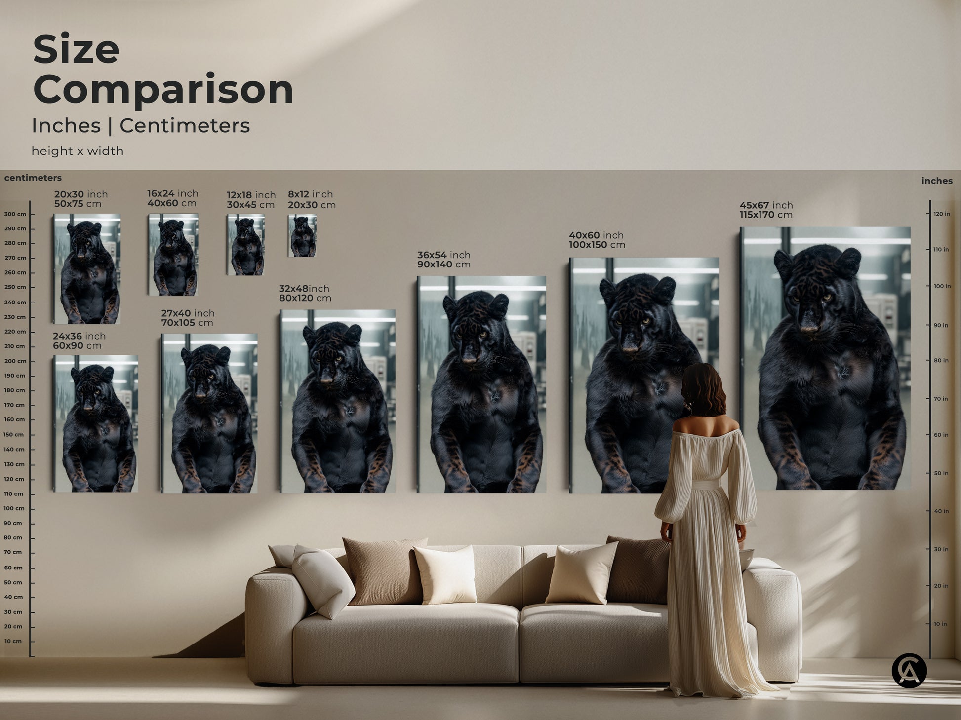 Size comparison of black panther artwork in inches and centimeters. See the height x width dimensions for various sizes. Visualize the artwork above a sofa for scale. Choose the perfect size for your space. Transform your walls with captivating animal artwork. Select the ideal fit for your decor.