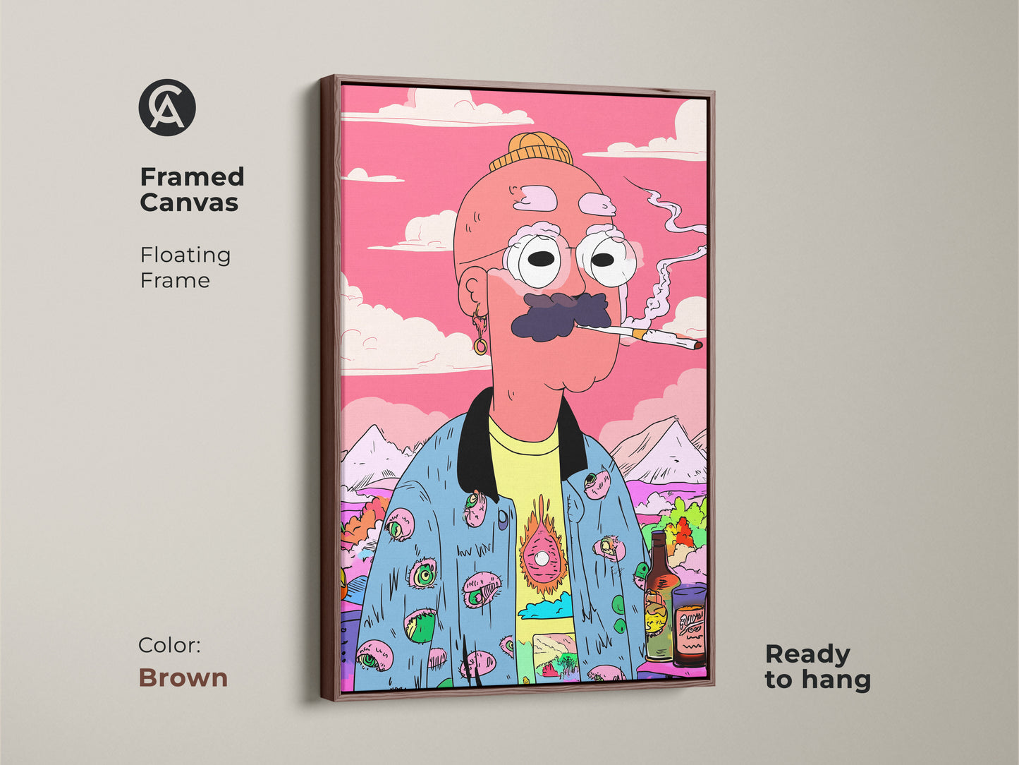 Framed canvas art featuring a cartoon man smoking. The floating frame in brown enhances the artwork's appeal. This ready-to-hang print adds a warm and stylish touch to any room. The unique character and vibrant colors make it a standout piece. A great addition to your wall art.